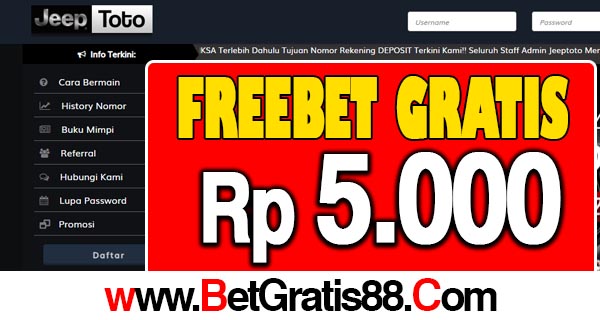 JeepToto Freebet Gratis Rp 5.000 Tanpa Deposit